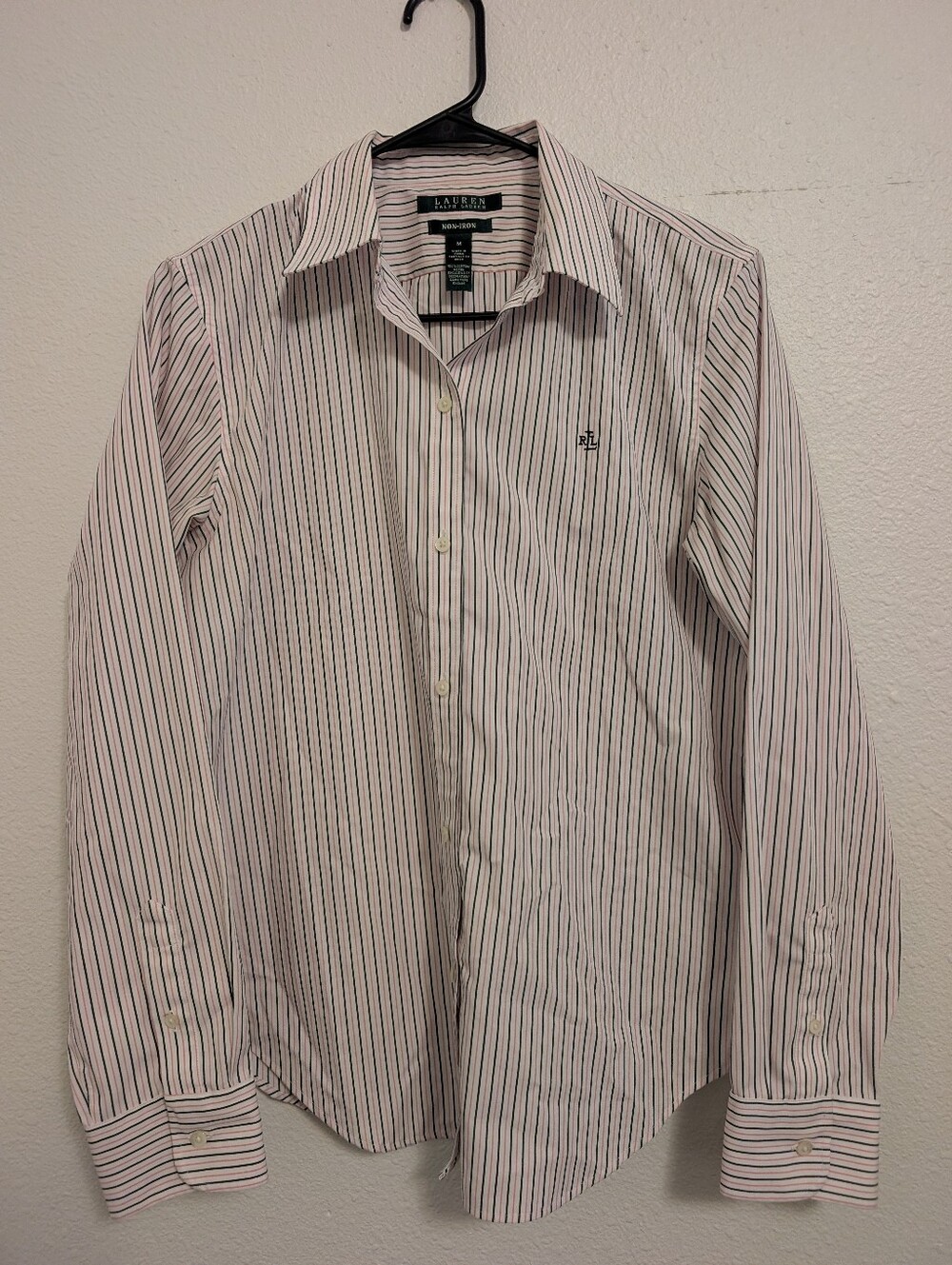Lauren Ralph Lauren White Button-Down Shirt with Navy and Pink Stripes